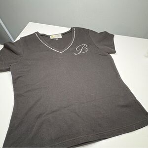 Christine Alexander Black Fitted V-Neck Short Sleeve Tee Rhinestone B